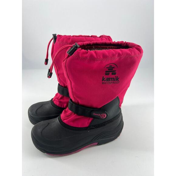 Kamik Winter Boots Girls Size 5 Pink Black Waterproof Lined Warm Snow Drawstring - Picture 1 of 10